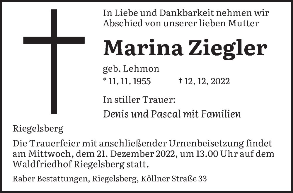  Traueranzeige für Marina Ziegler vom 17.12.2022 aus saarbruecker_zeitung