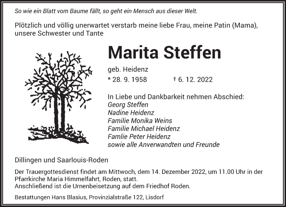  Traueranzeige für Marita Steffen vom 10.12.2022 aus saarbruecker_zeitung