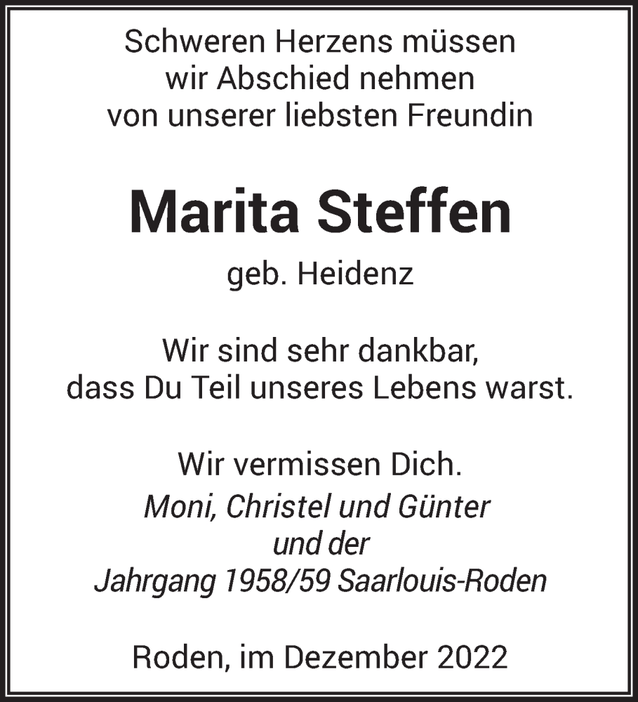  Traueranzeige für Marita Steffen vom 10.12.2022 aus saarbruecker_zeitung