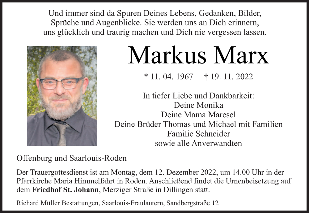  Traueranzeige für Markus Marx vom 07.12.2022 aus saarbruecker_zeitung