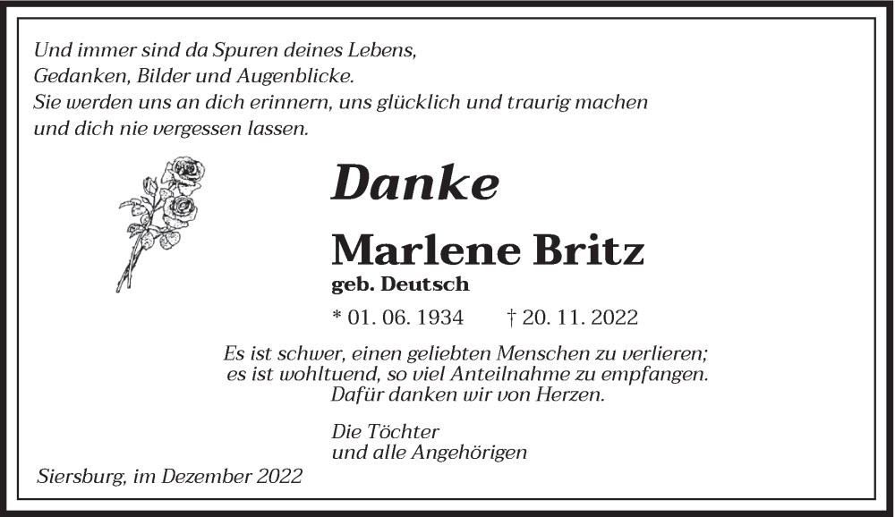  Traueranzeige für Marlene Britz vom 19.12.2022 aus saarbruecker_zeitung