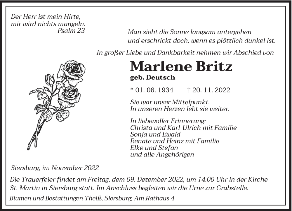  Traueranzeige für Marlene Britz vom 05.12.2022 aus saarbruecker_zeitung