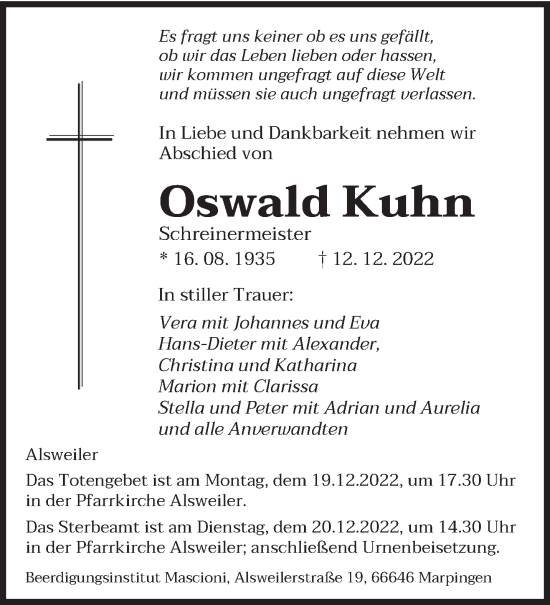 Traueranzeige von Oswald Kuhn von saarbruecker_zeitung