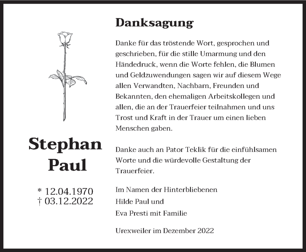  Traueranzeige für Stephan Paul vom 22.12.2022 aus saarbruecker_zeitung
