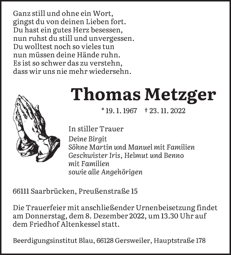  Traueranzeige für Thomas Metzger vom 03.12.2022 aus saarbruecker_zeitung