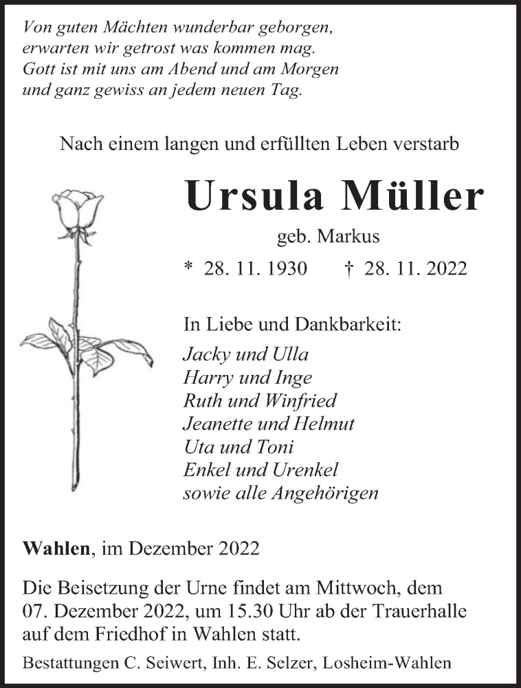  Traueranzeige für Ursula Müller vom 03.12.2022 aus saarbruecker_zeitung
