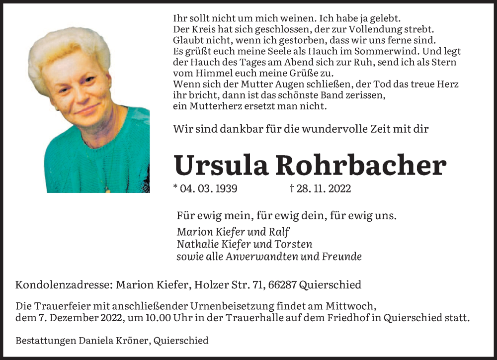  Traueranzeige für Ursula Rohrbacher vom 05.12.2022 aus saarbruecker_zeitung
