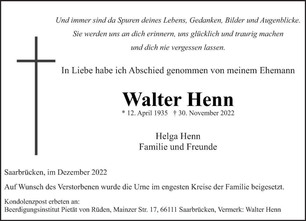  Traueranzeige für Walter Henn vom 17.12.2022 aus saarbruecker_zeitung