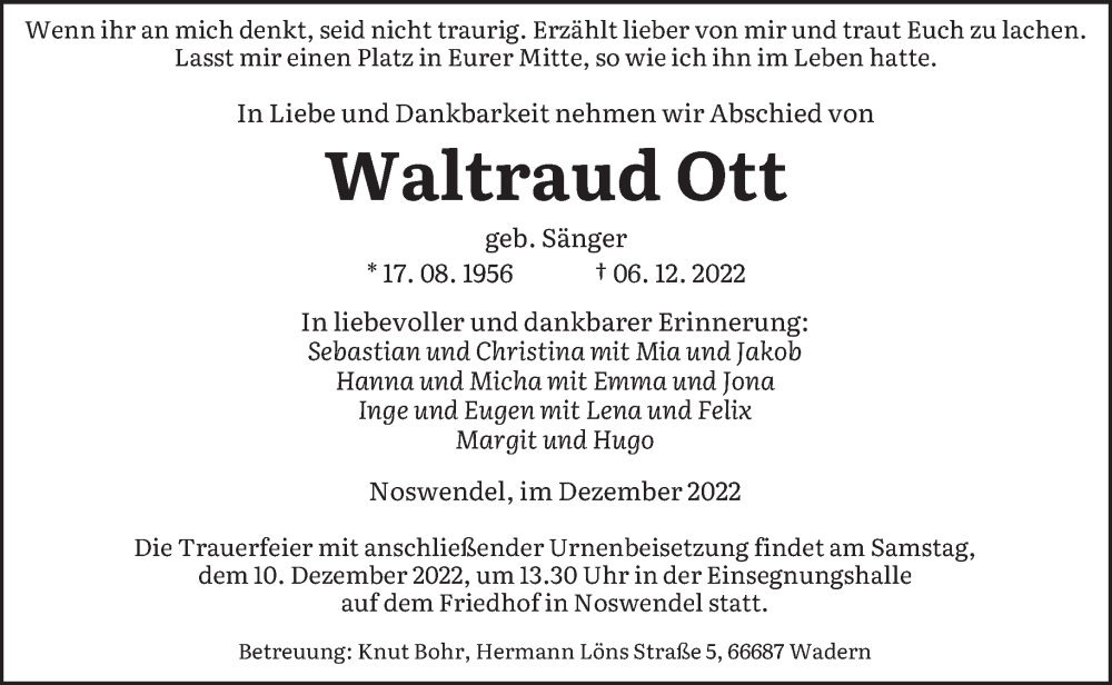  Traueranzeige für Waltraud Ott vom 09.12.2022 aus saarbruecker_zeitung