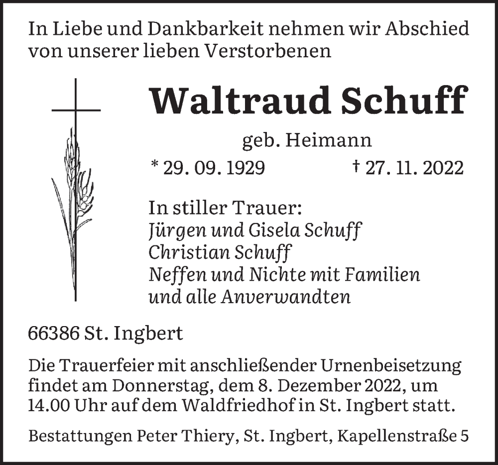  Traueranzeige für Waltraud Schuff vom 03.12.2022 aus saarbruecker_zeitung