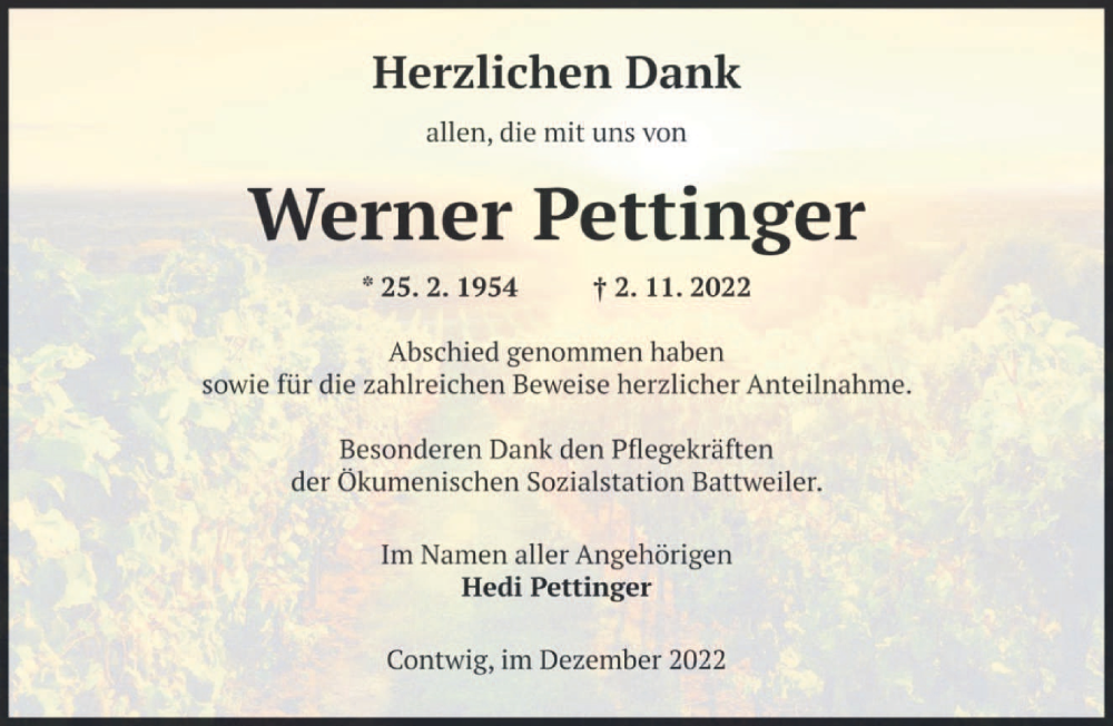  Traueranzeige für Werner Pettinger vom 05.12.2022 aus saarbruecker_zeitung
