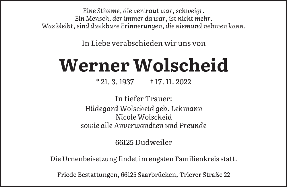  Traueranzeige für Werner Wolscheid vom 03.12.2022 aus saarbruecker_zeitung