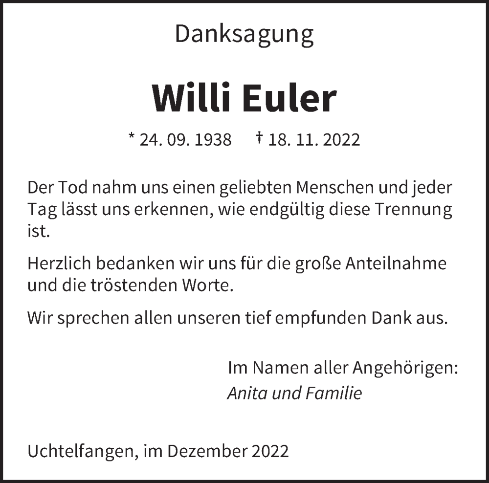  Traueranzeige für Willi Euler vom 03.12.2022 aus saarbruecker_zeitung