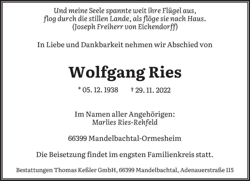  Traueranzeige für Wolfgang Ries vom 03.12.2022 aus saarbruecker_zeitung