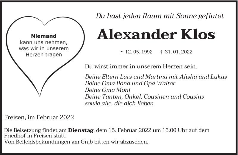  Traueranzeige für Alexander Klos vom 12.02.2022 aus saarbruecker_zeitung