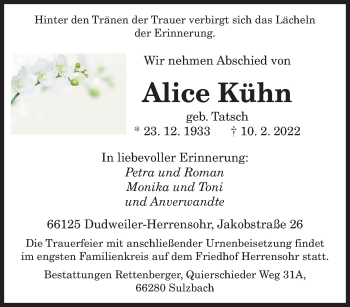 Traueranzeige von Alice Kühn von saarbruecker_zeitung