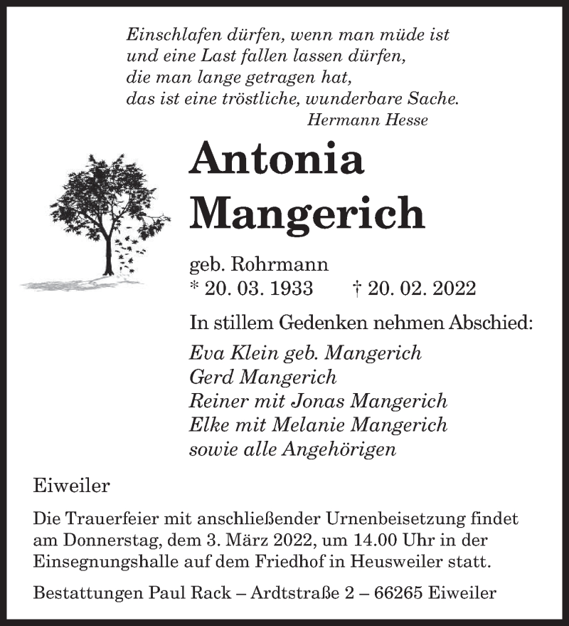  Traueranzeige für Antonia Mangerich vom 26.02.2022 aus saarbruecker_zeitung