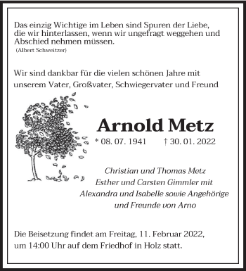 Traueranzeige von Arnold Metz von saarbruecker_zeitung