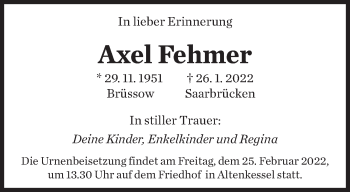 Traueranzeige von Axel Fehmer von saarbruecker_zeitung