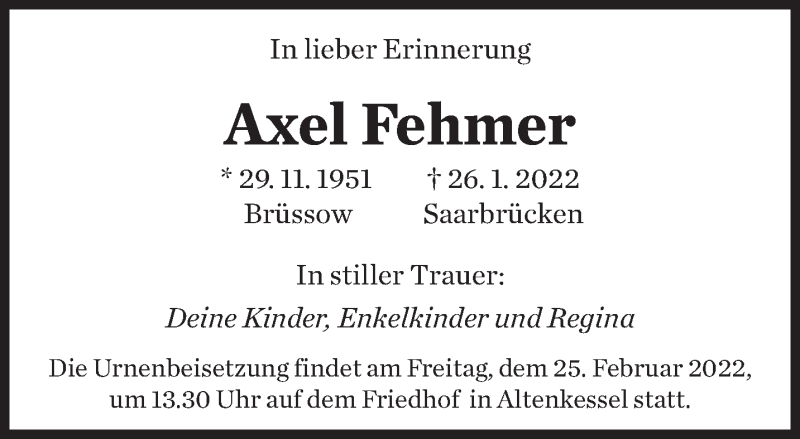  Traueranzeige für Axel Fehmer vom 19.02.2022 aus saarbruecker_zeitung