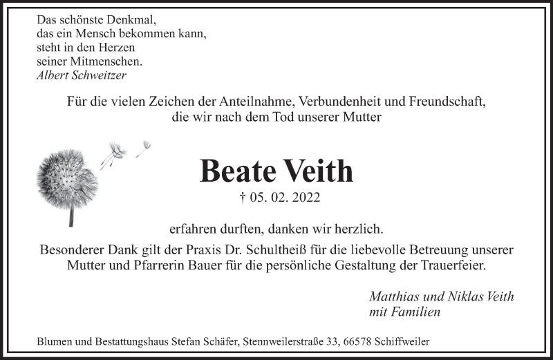  Traueranzeige für Beate Veith vom 26.02.2022 aus saarbruecker_zeitung