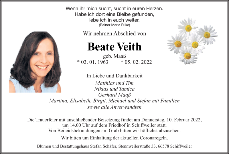  Traueranzeige für Beate Veith vom 08.02.2022 aus saarbruecker_zeitung