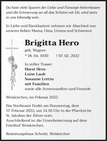 Traueranzeige von Brigitta Hero von saarbruecker_zeitung