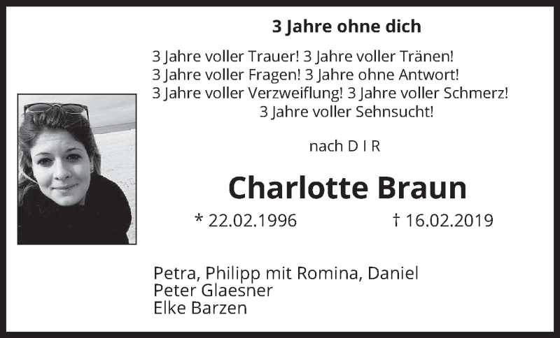  Traueranzeige für Charlotte Braun vom 16.02.2022 aus saarbruecker_zeitung