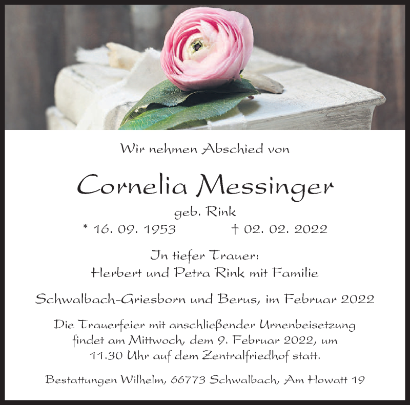  Traueranzeige für Cornelia Messinger vom 05.02.2022 aus saarbruecker_zeitung