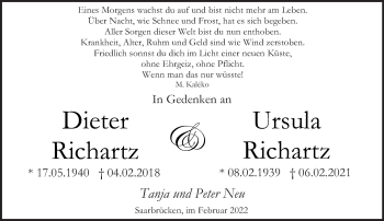 Traueranzeige von Dieter und Ursula Richartz von saarbruecker_zeitung