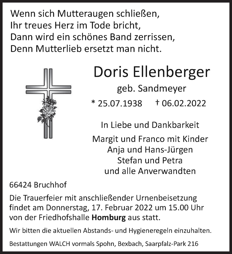  Traueranzeige für Doris Ellenberger vom 12.02.2022 aus saarbruecker_zeitung