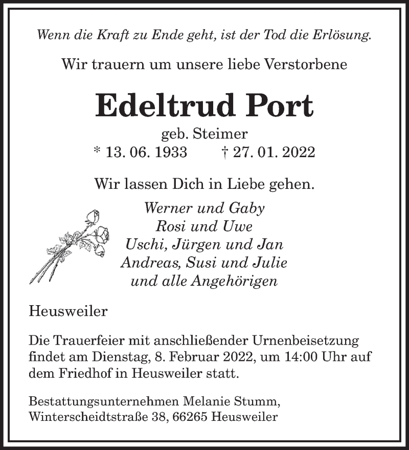  Traueranzeige für Edeltrud Port vom 05.02.2022 aus saarbruecker_zeitung