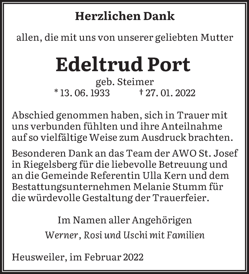  Traueranzeige für Edeltrud Port vom 26.02.2022 aus saarbruecker_zeitung