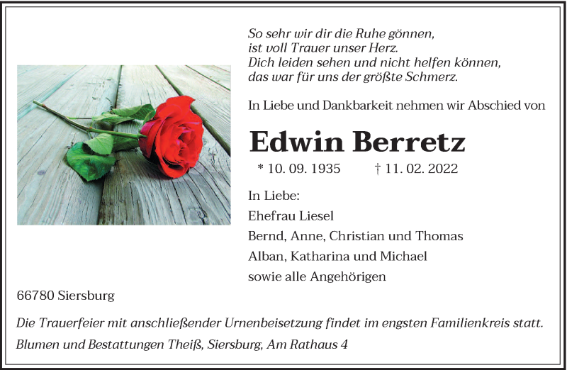  Traueranzeige für Edwin Berretz vom 19.02.2022 aus saarbruecker_zeitung
