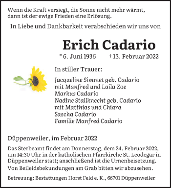 Traueranzeige von Erich Cadario von saarbruecker_zeitung