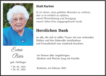 Traueranzeige von Erna Ries von saarbruecker_zeitung