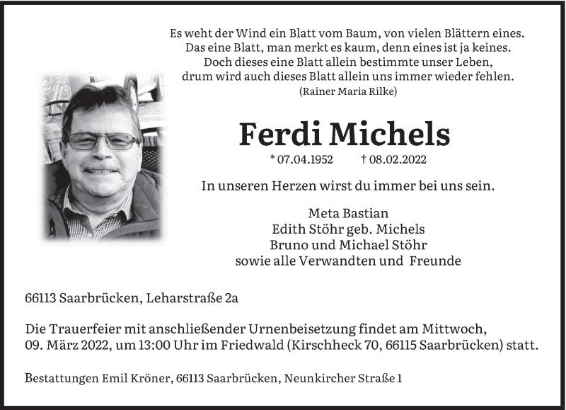  Traueranzeige für Ferdi Michels vom 26.02.2022 aus saarbruecker_zeitung