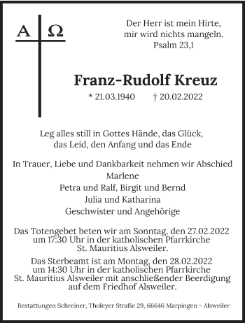 Traueranzeige von Franz-Rudolf Kreuz von saarbruecker_zeitung