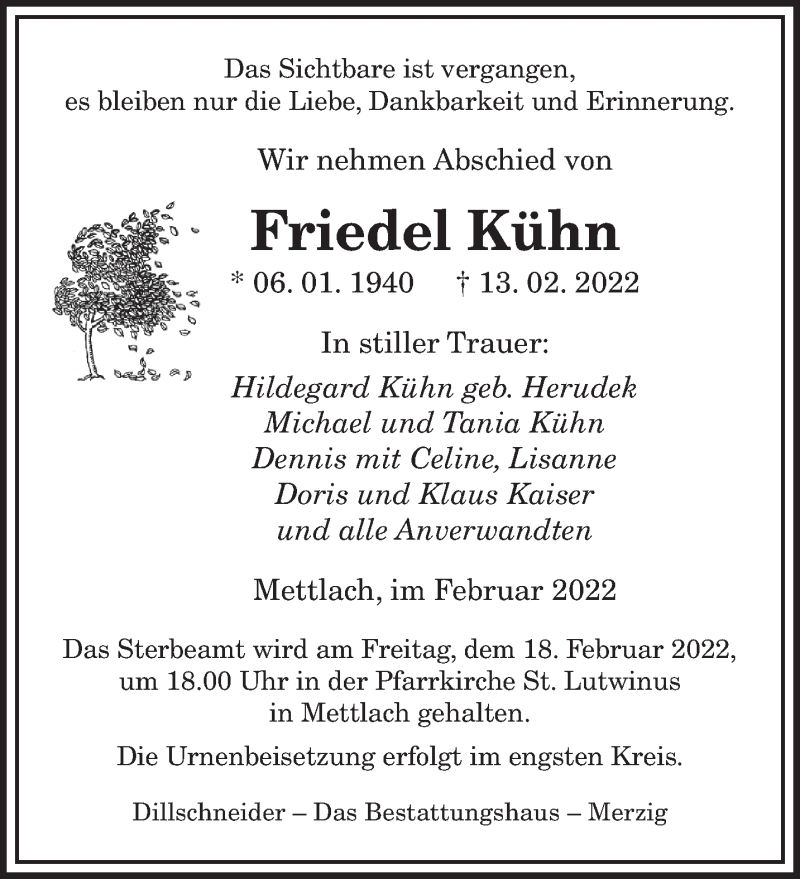  Traueranzeige für Friedel Kühn vom 16.02.2022 aus saarbruecker_zeitung