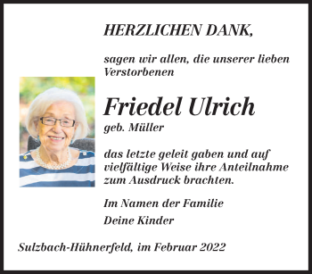 Traueranzeige von Friedel Ulrich von saarbruecker_zeitung