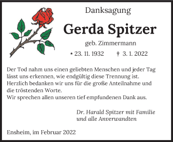 Traueranzeige von Gerda Spitzer von saarbruecker_zeitung