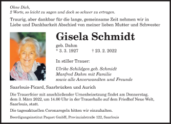 Traueranzeige von Gisela Schmidt von saarbruecker_zeitung