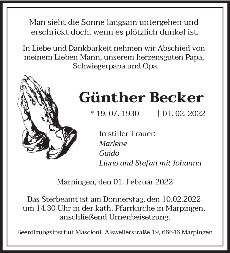  Traueranzeige für Günther Becker vom 05.02.2022 aus saarbruecker_zeitung