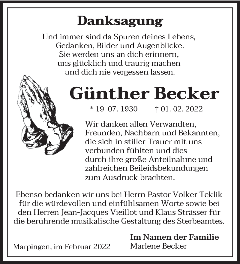  Traueranzeige für Günther Becker vom 26.02.2022 aus saarbruecker_zeitung