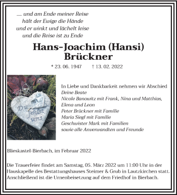 Traueranzeige von Hans-Joachim Brückner von saarbruecker_zeitung