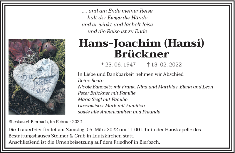  Traueranzeige für Hans-Joachim Brückner vom 26.02.2022 aus saarbruecker_zeitung