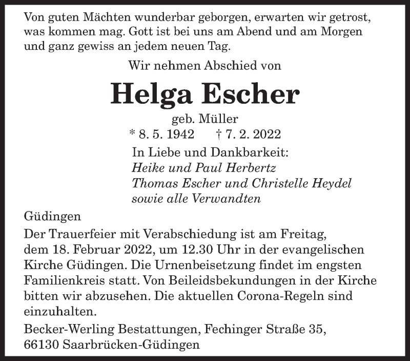  Traueranzeige für Helga Escher vom 12.02.2022 aus saarbruecker_zeitung