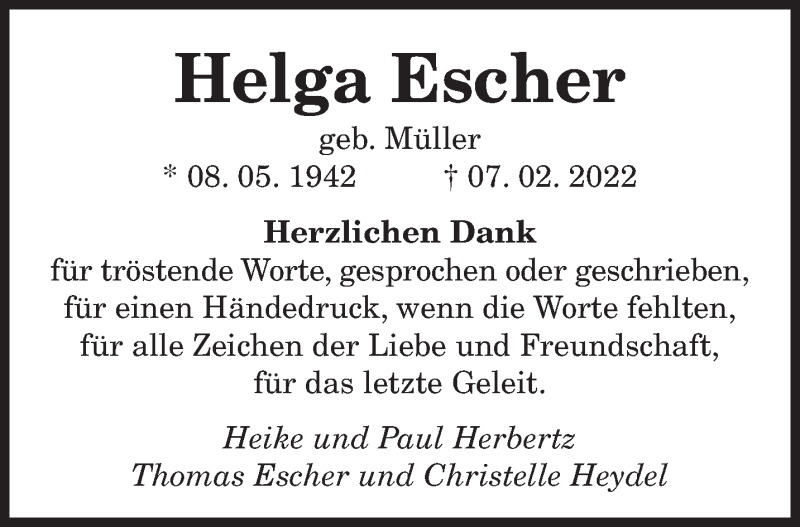 Traueranzeige für Helga Escher vom 26.02.2022 aus saarbruecker_zeitung