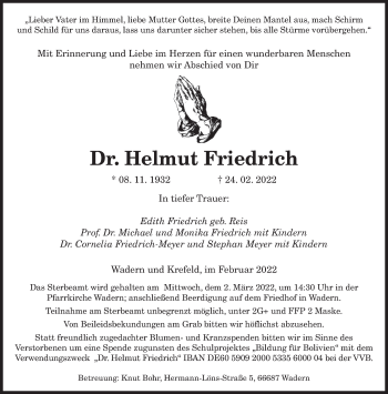 Traueranzeige von Helmut Friedrich von saarbruecker_zeitung
