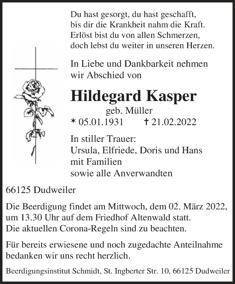  Traueranzeige für Hildegard Kasper vom 26.02.2022 aus saarbruecker_zeitung
